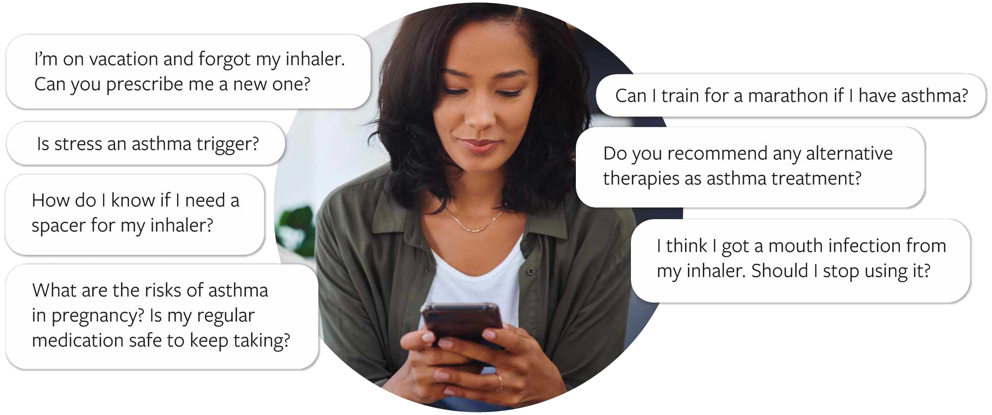 Women on phone going over questions about asthma via text chat with a licensed physician through the 98point6 app